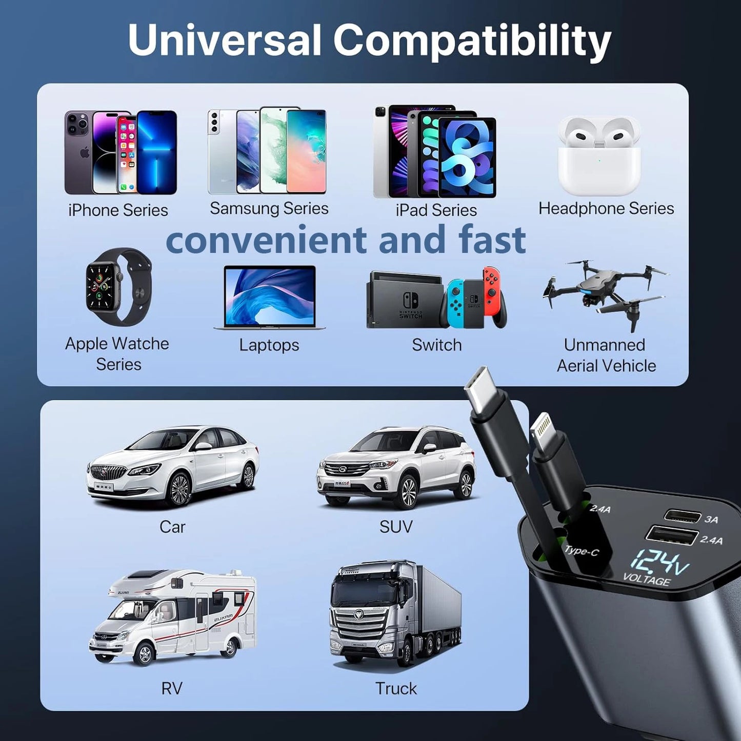 ⚡ SwiftCharge 4-in-1 Retractable Car Charger