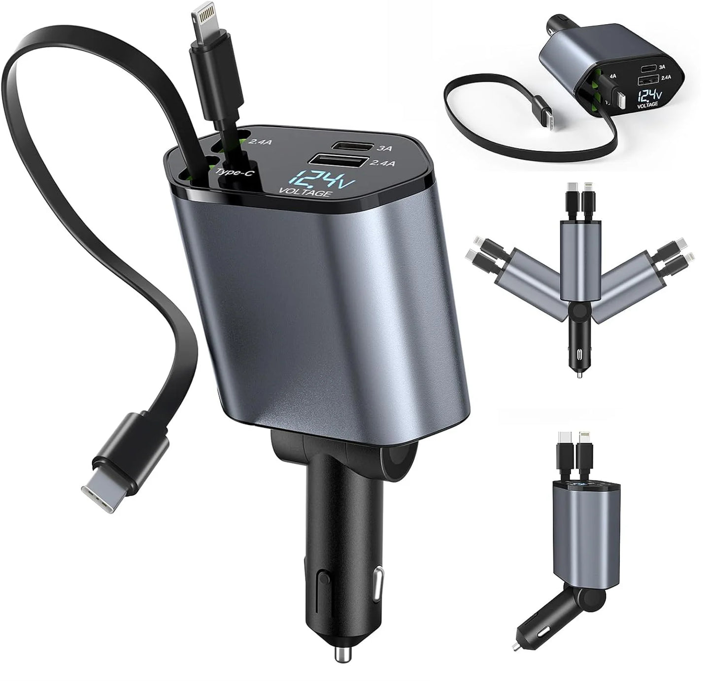 ⚡ SwiftCharge 4-in-1 Retractable Car Charger